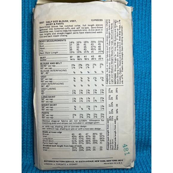 Butterick 3327 pattern pants blouse vest maxi skirt Size 18.5 - Picture 3 of 5
